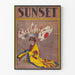 Vintage Sunset Poster - Young Girl in Kimono with Japanese Flags