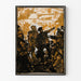 Artistic poster of soldiers and tanks in a lively street