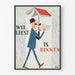 Vintage poster of a man reading under a book-shaped umbrella